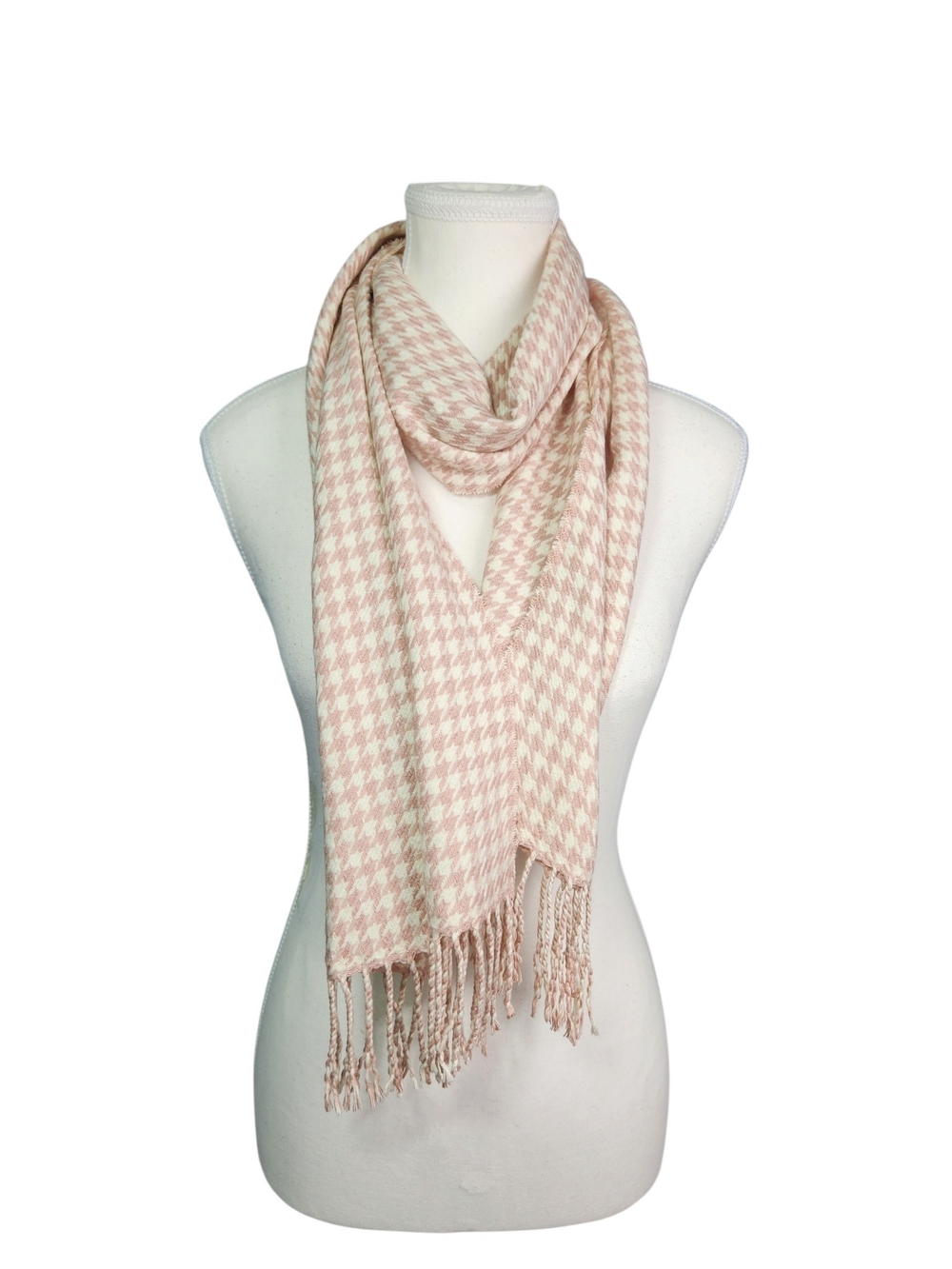 Women’s Pink & White Houndstooth Rectangle Scarf Wrap with Fringe 12 in Preppy